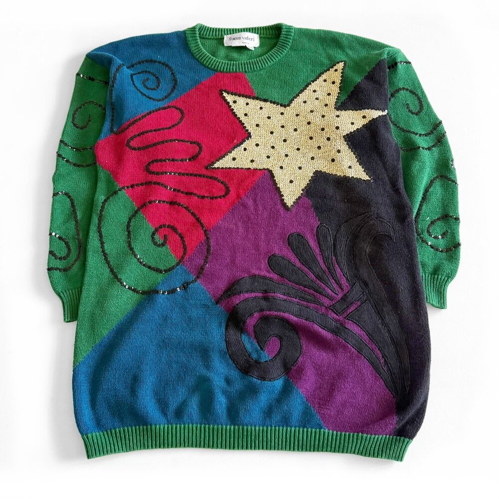 Vintage Franco Valeri, Sweater / 80s - 90s Style Star Pattern with Sequence